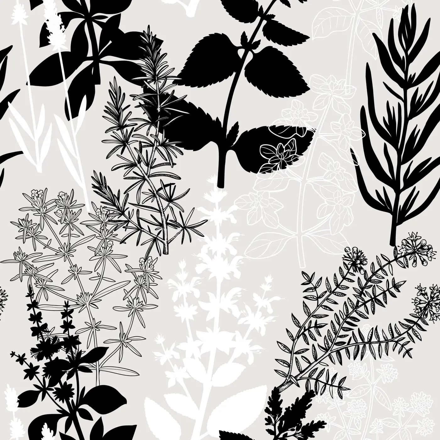 Collage-style Provence herbs background. Herbal plants hand-drawn vector illustrations. Seamless pattern with sage, peppermint, rosemary, lavender sketches. NOT AI generated Illustration